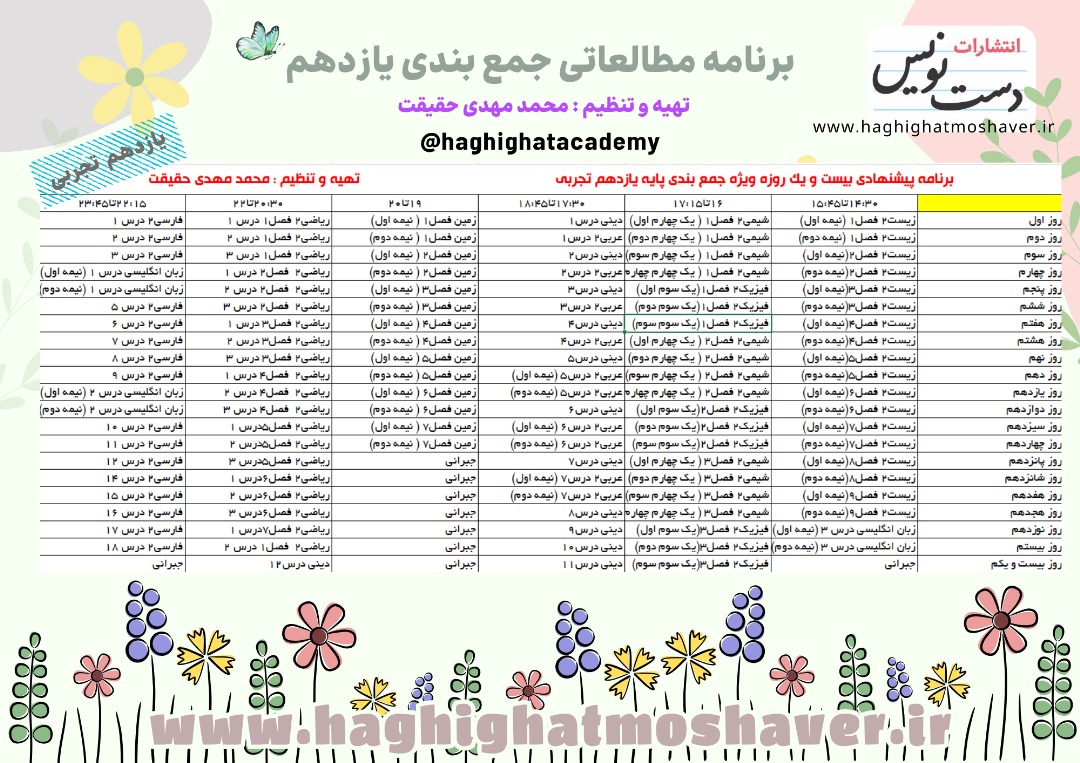 برنامه ریزی امتحانات نهایی یازدهم تجربی