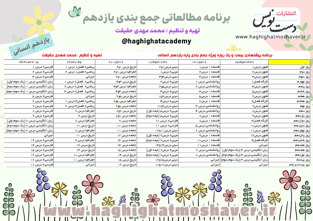 برنامه ریزی امتحانات نهایی یازدهم انسانی